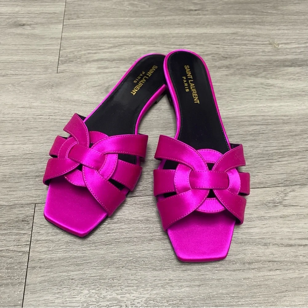 RARE Like New Saint Laurent Fuchsia Satin Nu Pieds Slide Sandals size 37.5 - Picture 2 of 9